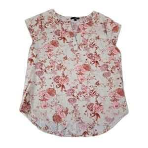 Anne Carson Linen Blend Cream Pink Floral Blouse Short Sleeve V Neck Spring